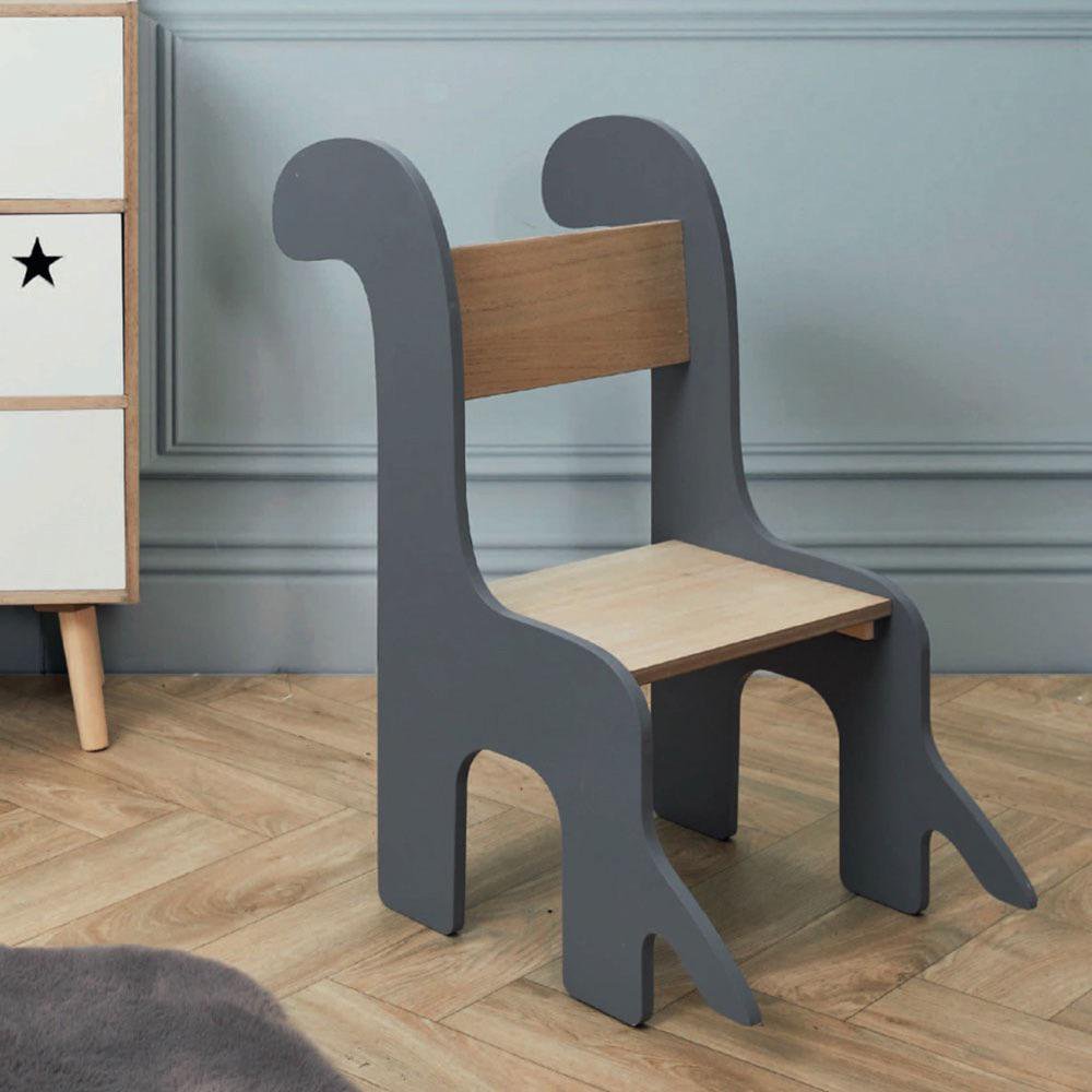 Silla Infantil Azul de MDF con Respaldo de Dinosaurio y Asiento Beige