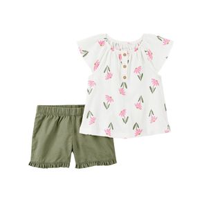 Set 2 Pzas Blusa y Short Marfil Verde Floral - Varias Tallas