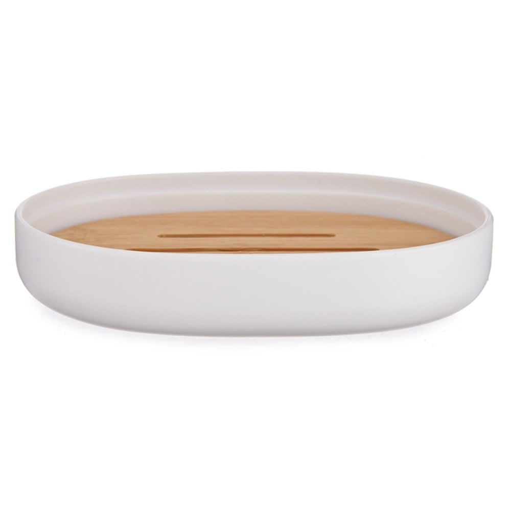Jabonera de Plástico y Bambú Color Blanco Diseño Ovalado