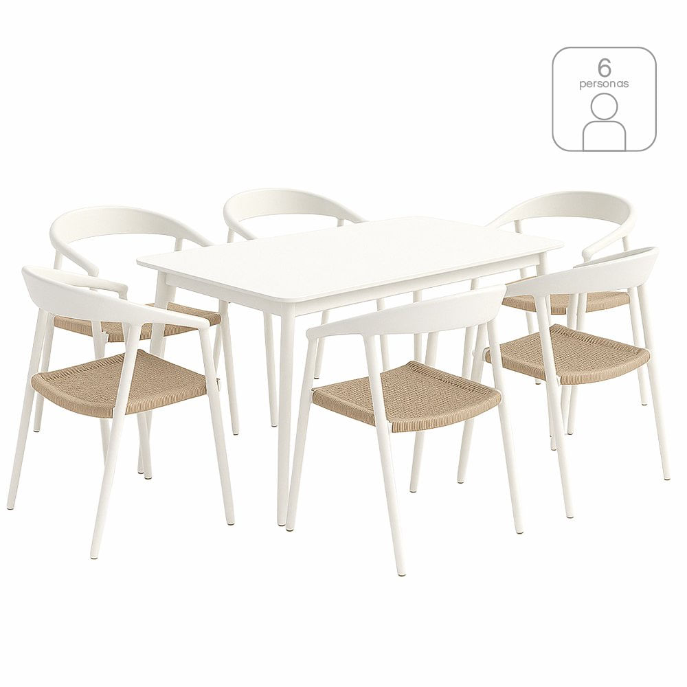 Set de Comedor de Exterior Aluminio y Ratán Sintético Mike 7 Piezas Color Blanco Set de Comedor de Aluminio Blanco con Sillas Tipo Ratán de 7 Pzas