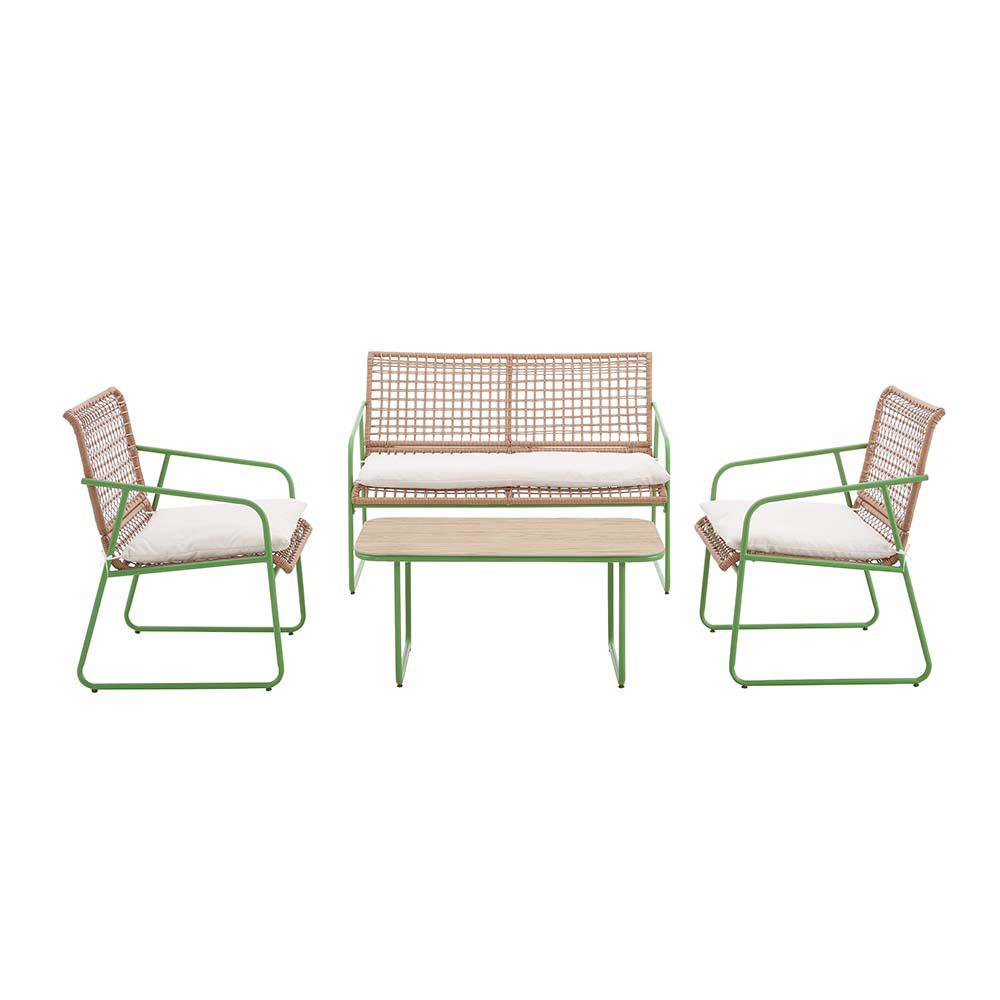 Set de Sala de Exterior Metal y Ratán Sintético Fido 4 Piezas Color Verde