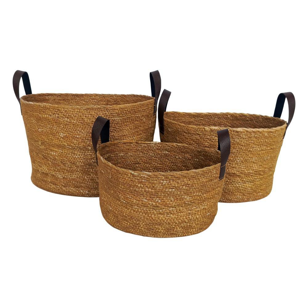 Set de 3 Canastas Cilíndricas con Asas de Fibra Natural Color Café