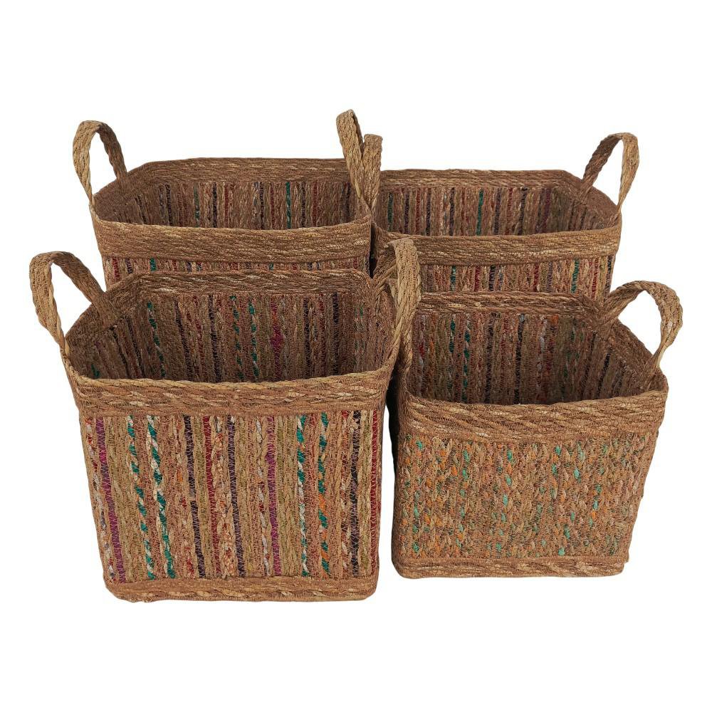 Set de 4 Canastas Cuadradas con Asas de Fibra Natural Color Café
