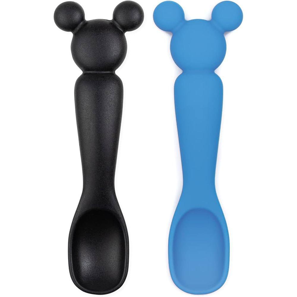 Set de Cucharas Infantiles Diseño de Mickey de 2 Piezas para 6+ Meses de Silicona Color Azul y Negro Set de 2 Cucharas de Silicón Diseño Mickey