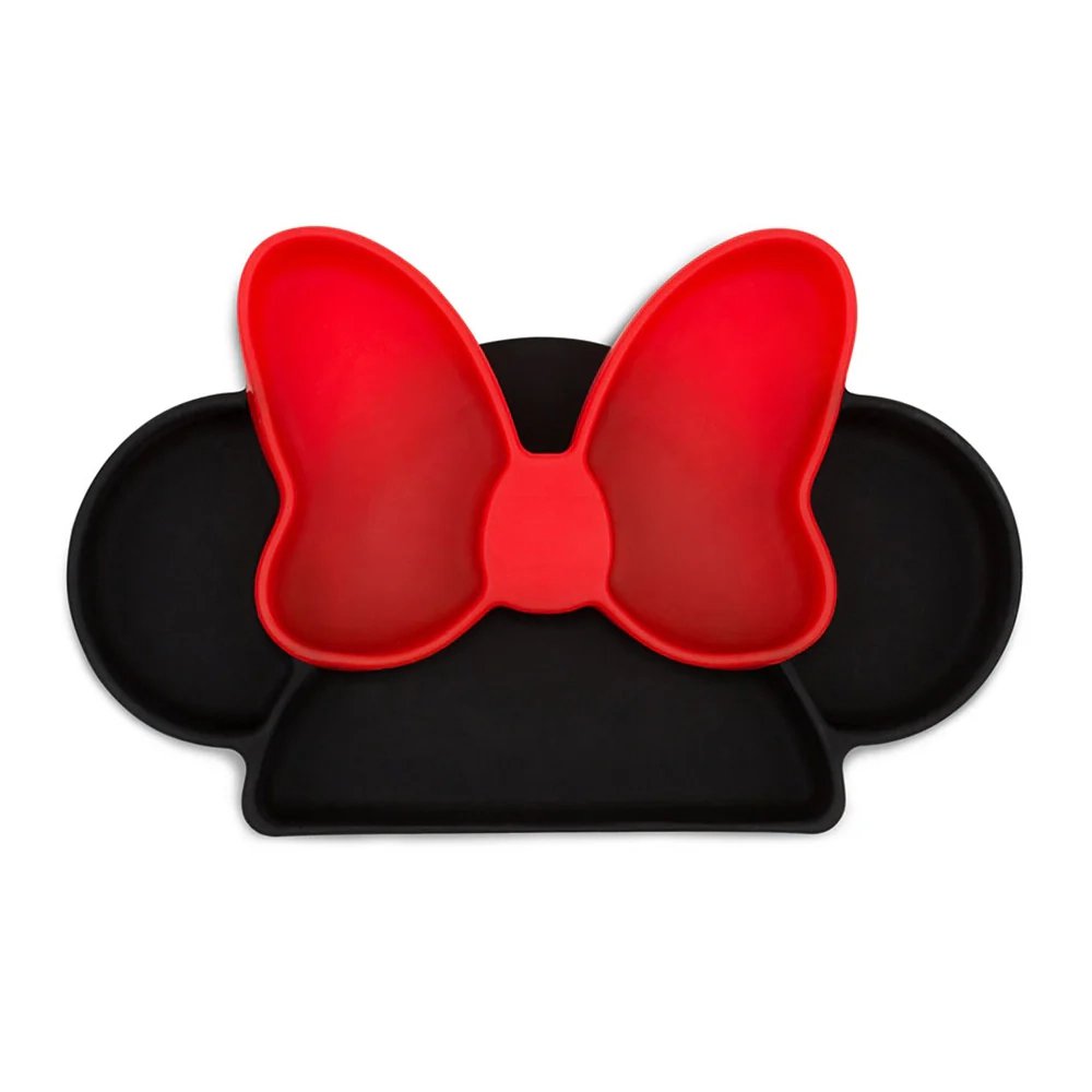 Plato Infantil con Divisiones Diseño de Moño Minnie Mouse para 6+ Meses de Silicona Color Negro y Rojo Plato de Silicón con Divisiones Tipo Moño Minnie