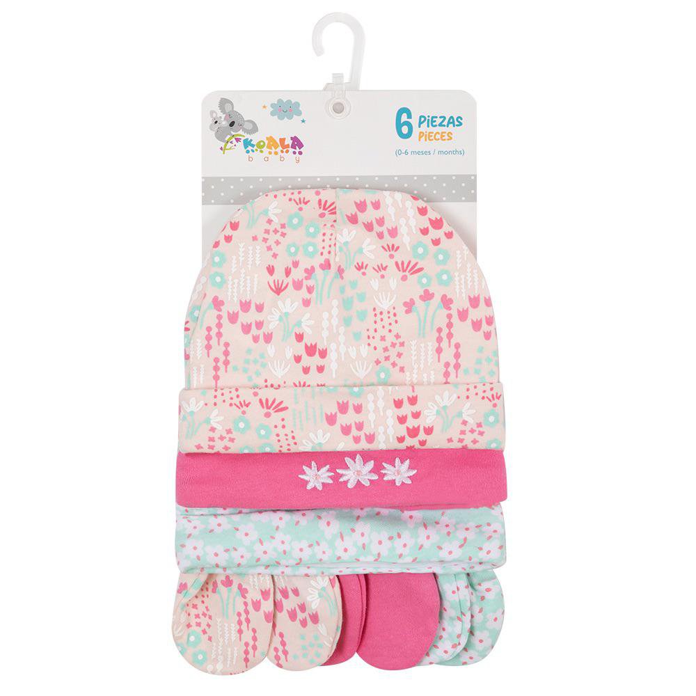 Set de Gorros y Guantes Diseño Flores para Bebé de 0-6 Meses de 6 Piezas Color Rosado Set de Gorros y Guantes para Bebé Diseño Floral Tejido Elástico, 6 Piezas
