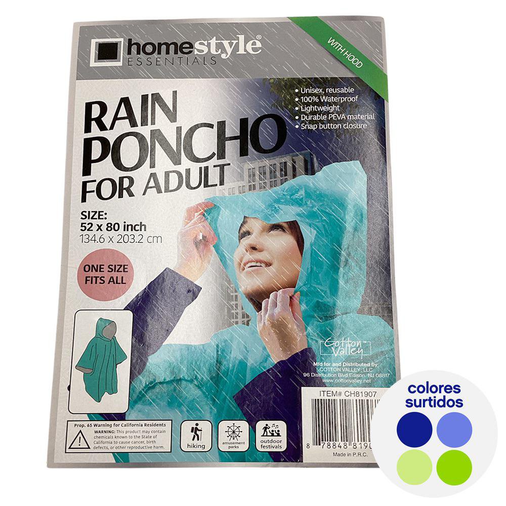 Poncho para Lluvia Adulto con Capucha - Colores Surtidos Poncho para Lluvia con Capucha Co…