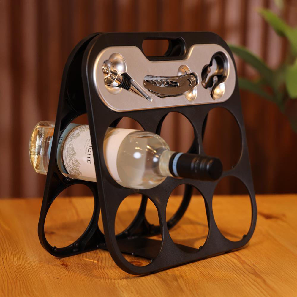 Set de Porta Botellas y 3 Accesorios para Bar de Metal 30.5 x 30.3 x 3.2 cm Color Negro