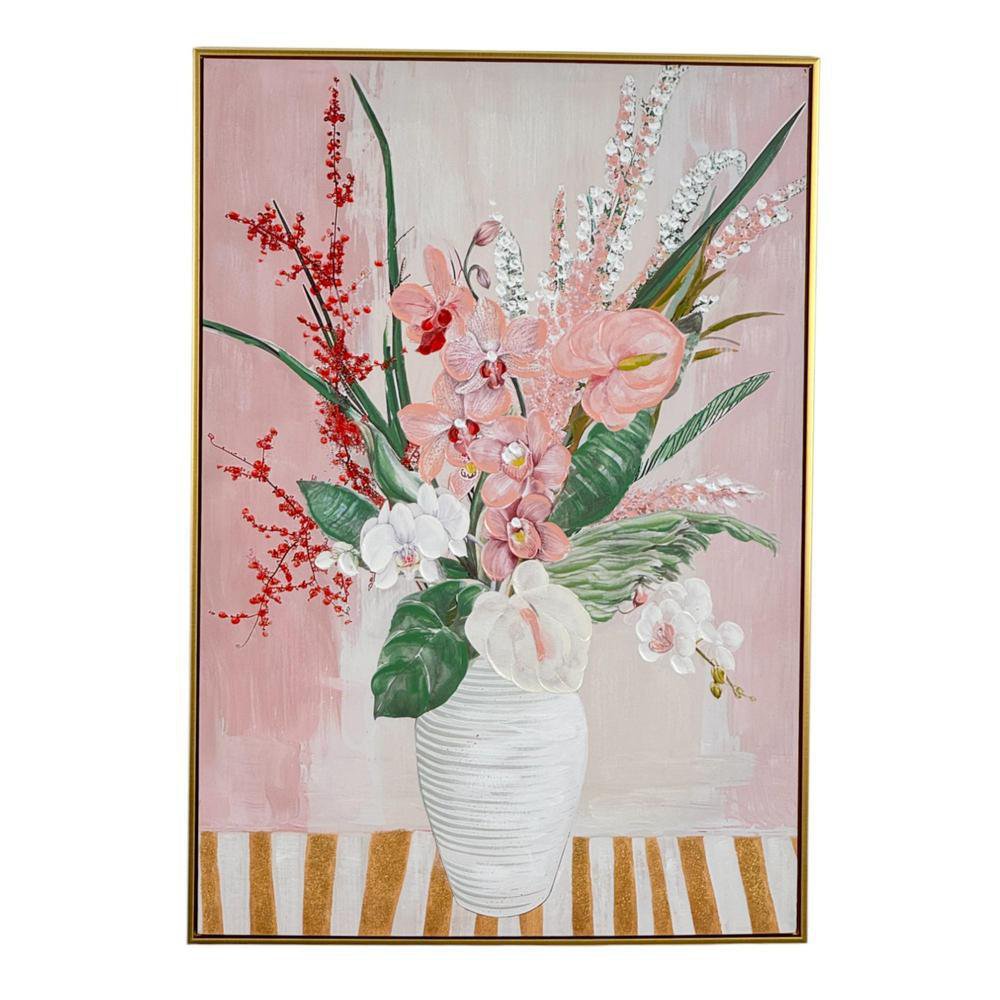 Cuadro Decorativo en Canva de 70 x 3.5 x 100 cm Diseño Jarrón con Flores con Fondo Rosado