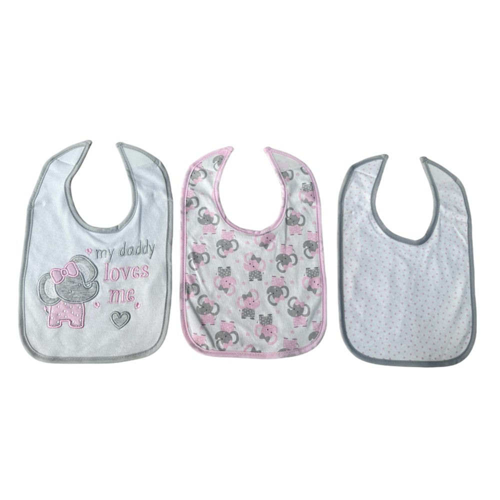 Set de Baberos Diseño de Elefante de 3 Piezas Color Gris y Rosado Set de Baberos Elefante Rosa 3 Pzas