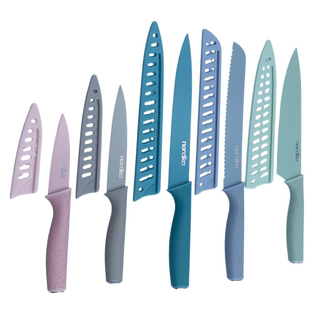 Set de 5 Cuchillos de Acero Inoxidable con Fundas Protectoras de Plástico Multicolor Set d…