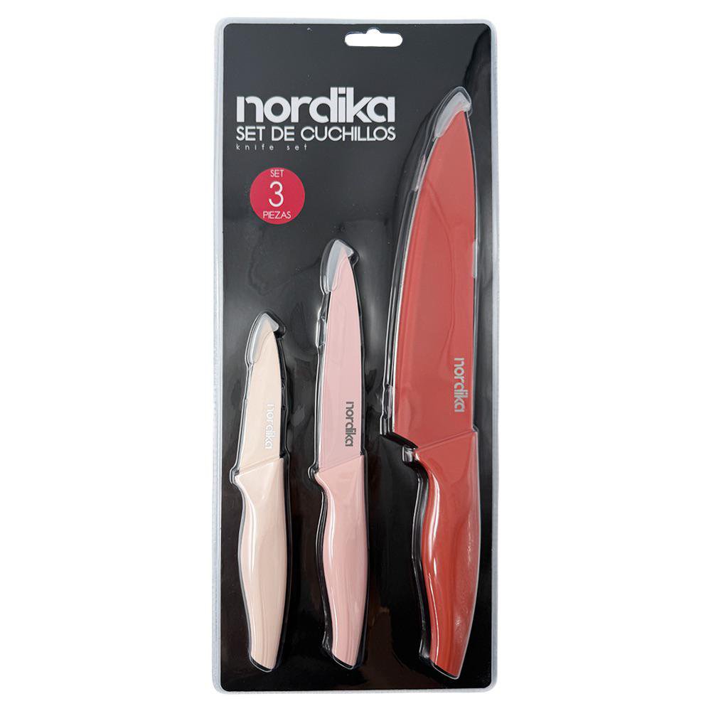 Set de 3 Cuchillos de Acero Inoxidable con Revestimiento Antiadherente Colores Rojo y Rosado Set de 3 Cuchillos Color Rojo y Rosado