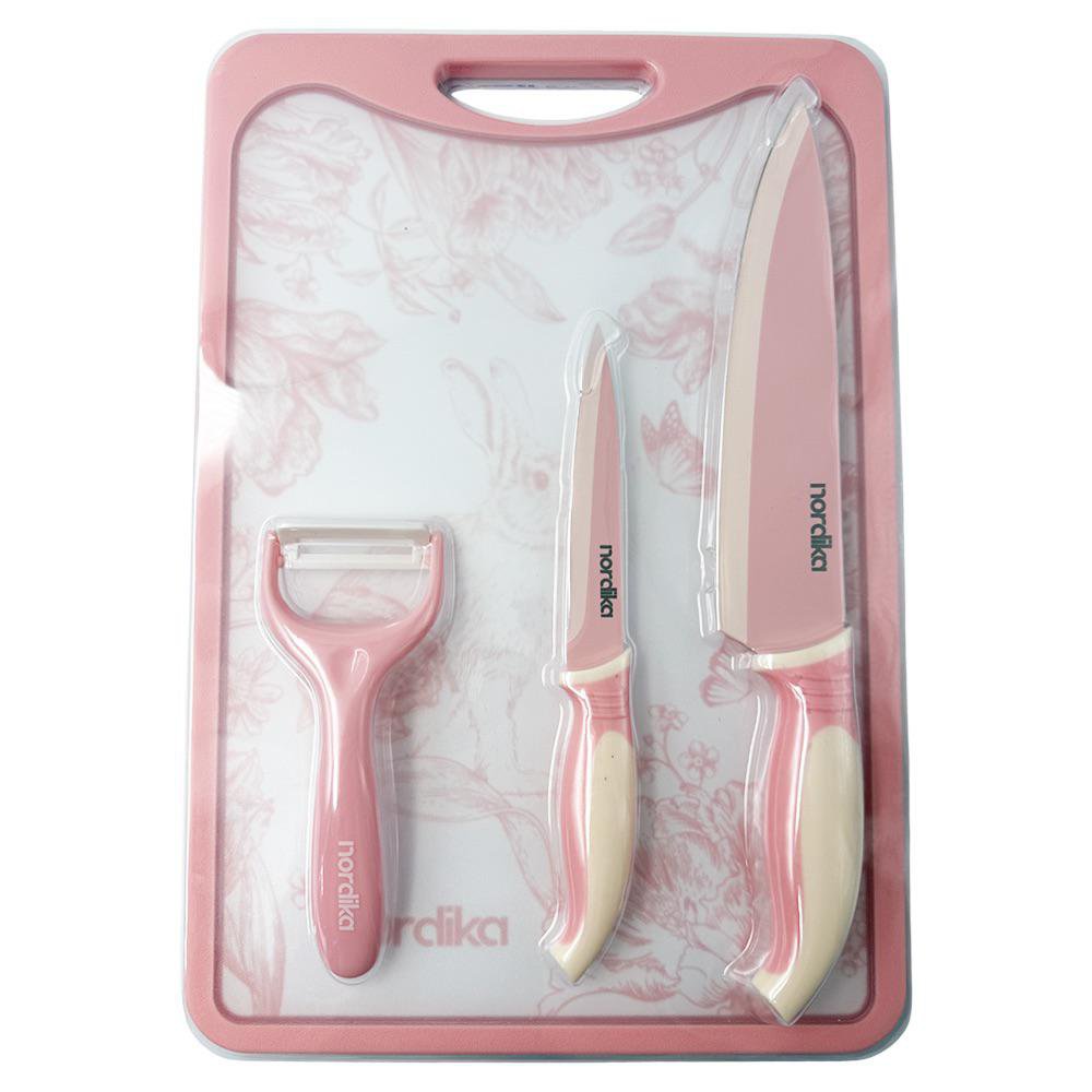 Set de 2 Cuchillos con Tabla para Picar y Pelador de Cerámica Color Rosado Set de 2 Cuchil…