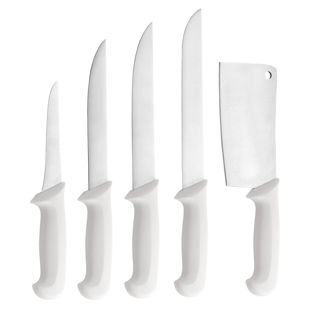 Set de 5 Cuchillos de Acero Inoxidable con Mango de Plástico Blanco para Picar, Carnear y…