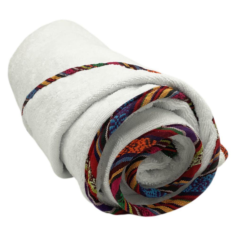 Toalla de Baño Blanca con Bies de Tela Típica Multicolor