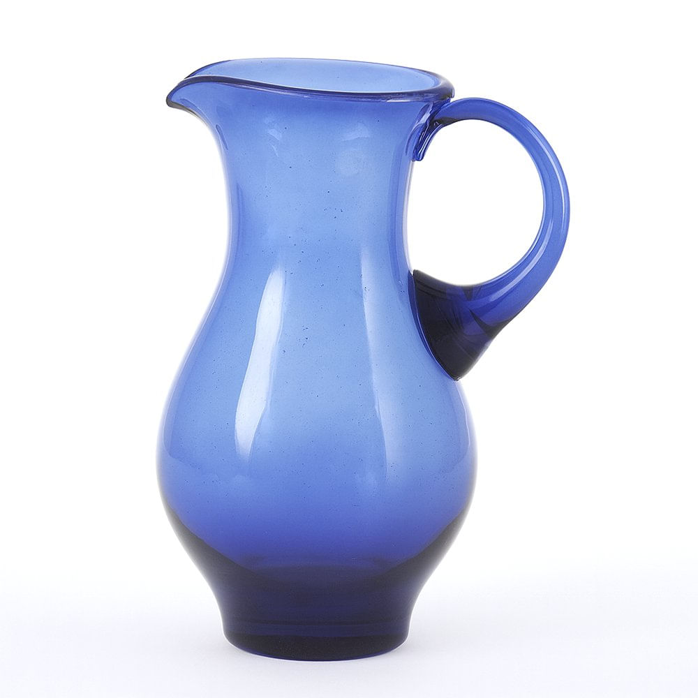 Jarra Artesanal de Vidrio Azul con Asa