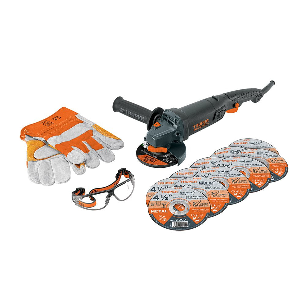 Esmeriladora Angular de 4 1/2 Plg con Discos Lentes y Guantes