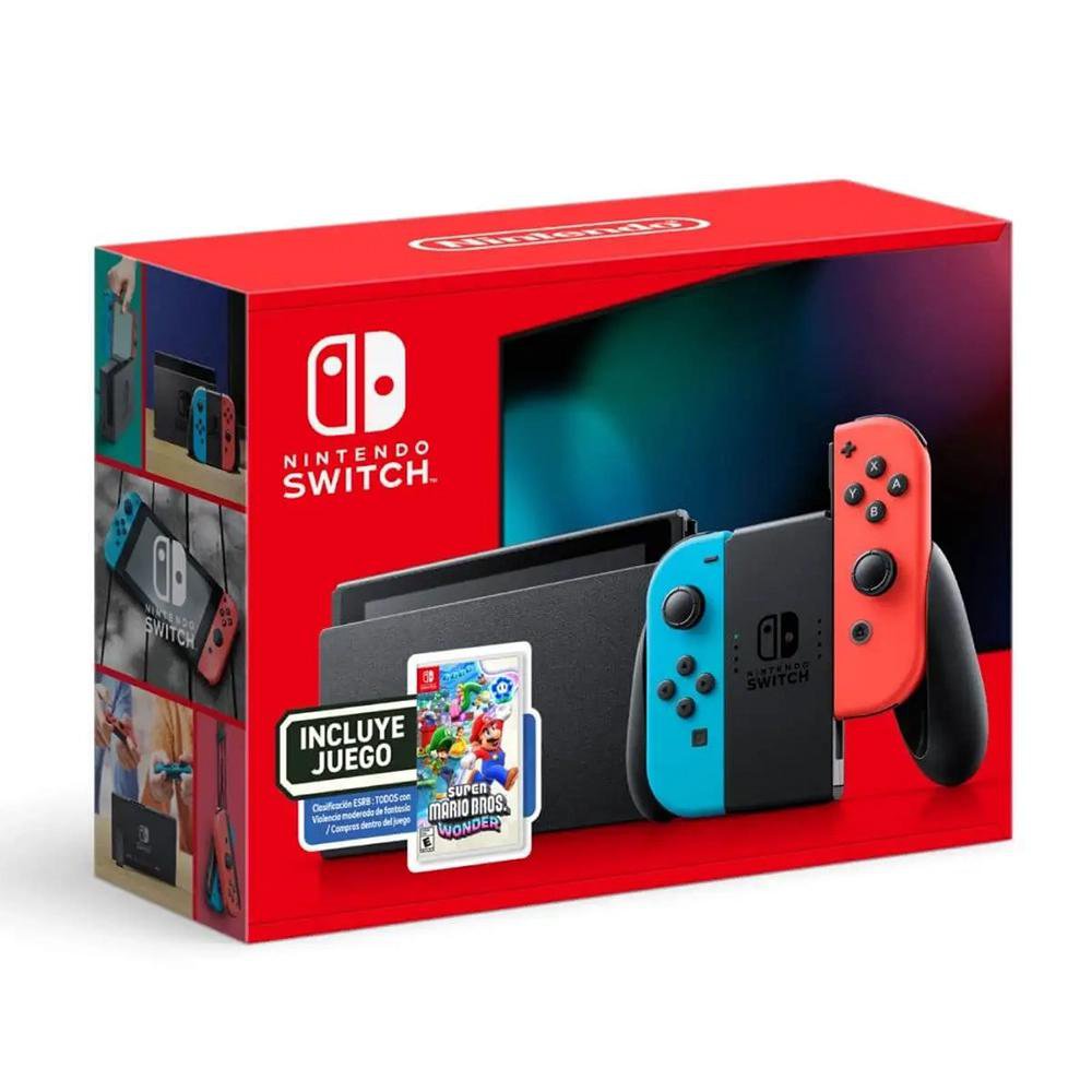 Consola Nintendo Switch Color Rojo Neón y Azul Neón con Videojuego Super Mario Bros. Wonder Físico