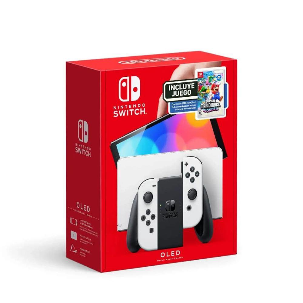 Consola Nintendo Switch OLED Blanca con Juego Super Mario Bros. Wonder Físico, Modo TV, Portátil y Sobremesa