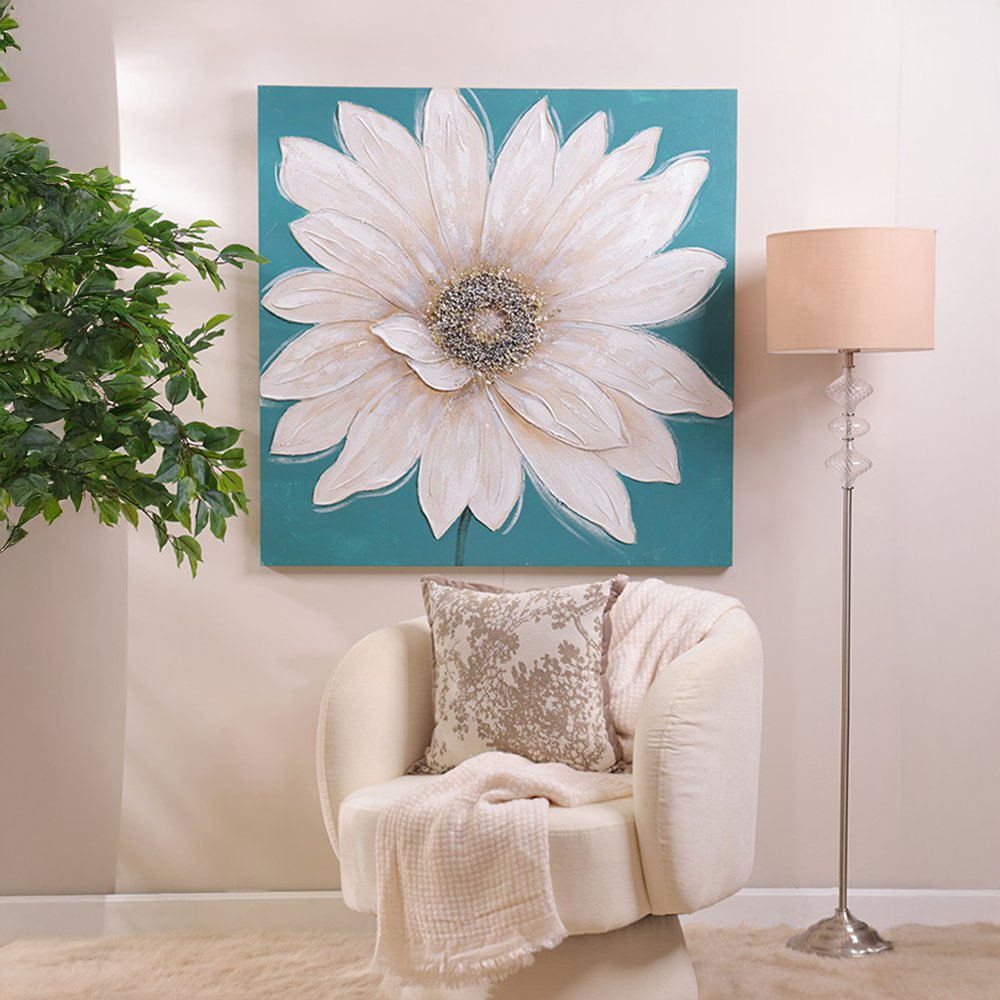 Cuadro Decorativo en Canvas de 100 x 3 x 100 cm Diseño Margarita Blanca con Fondo Turquesa