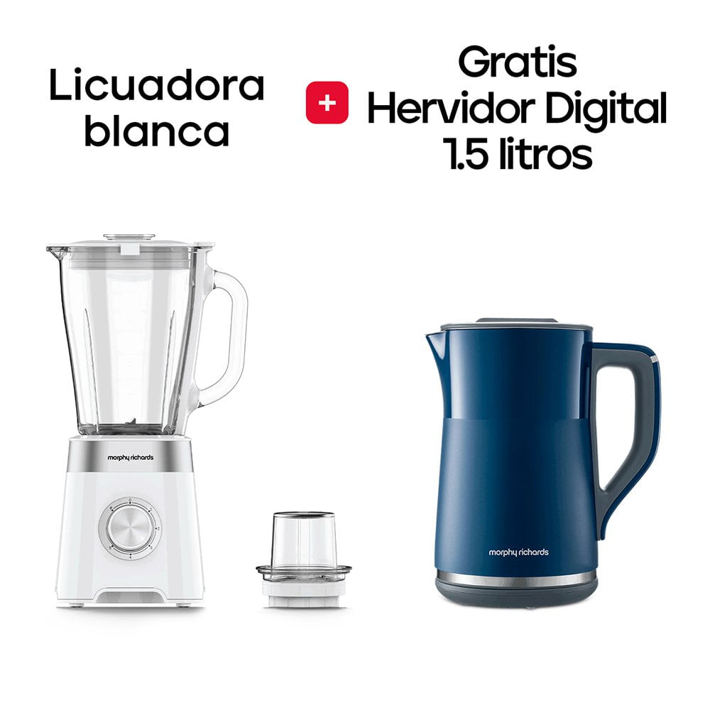 Combo de Licuadora con Jarra de Vidrio Color Blanco + Hervidor Digital de 1.5 L Color Azul