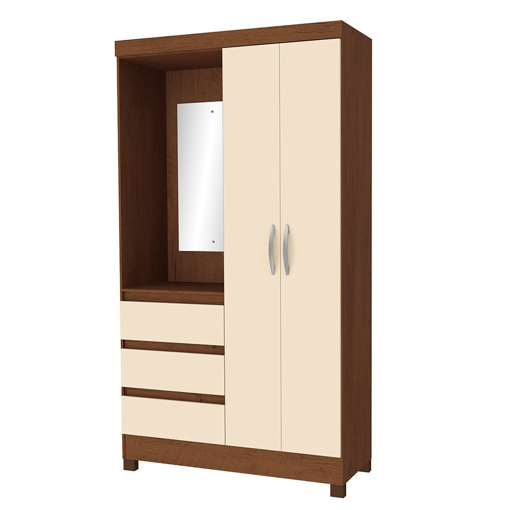 Clóset de Madera con 2 Puertas, 3 Gavetas y Espejo 110 x 47 x 200 cm Beige y Café