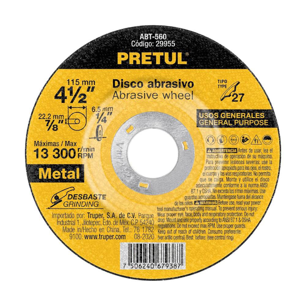 Disco Abrasivo para Corte de Metal 4 1/2 x 1/4 plg