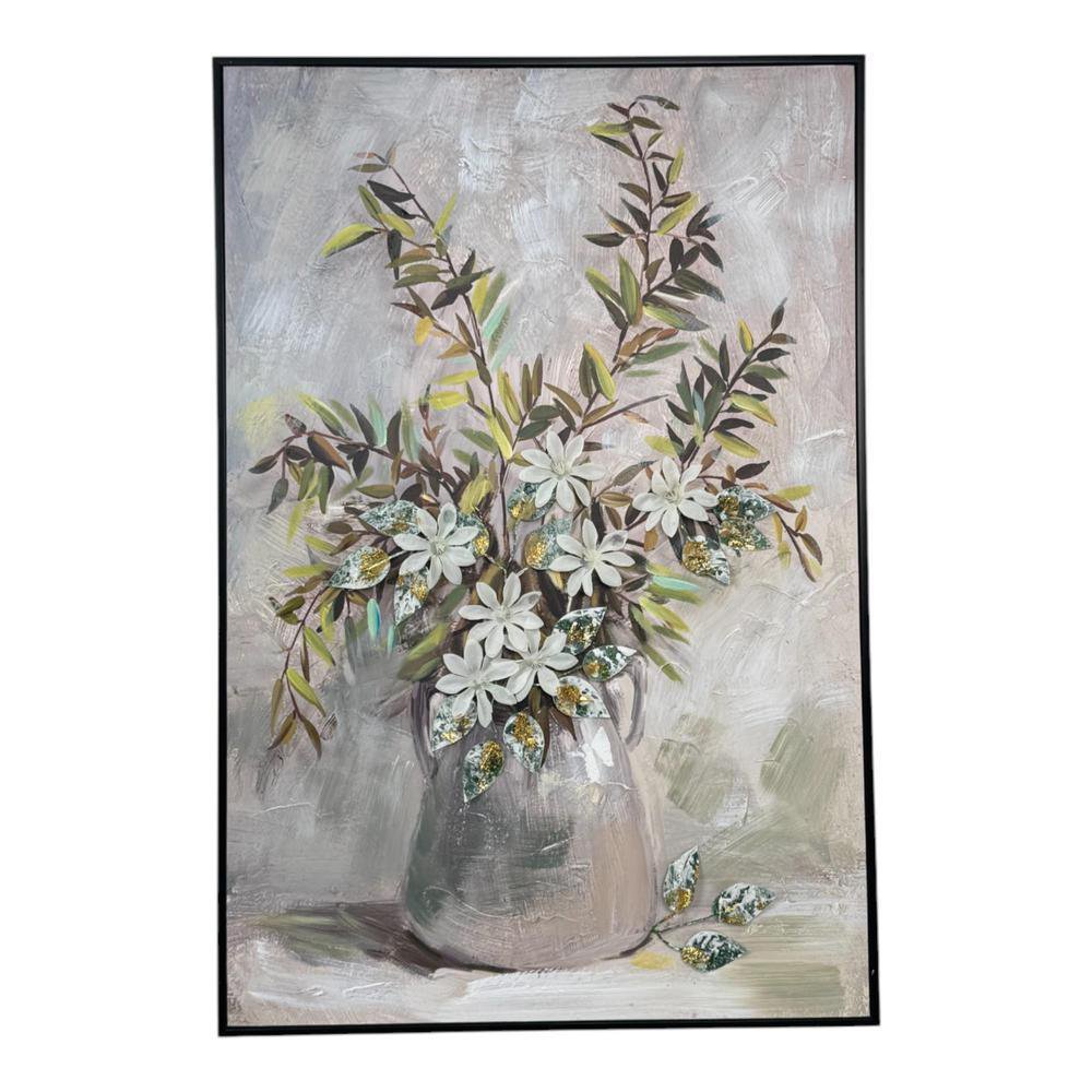 Cuadro Decorativo en Canva de 62 x 4 x 92 cm Diseño Jarrón con Flores Color Plateado