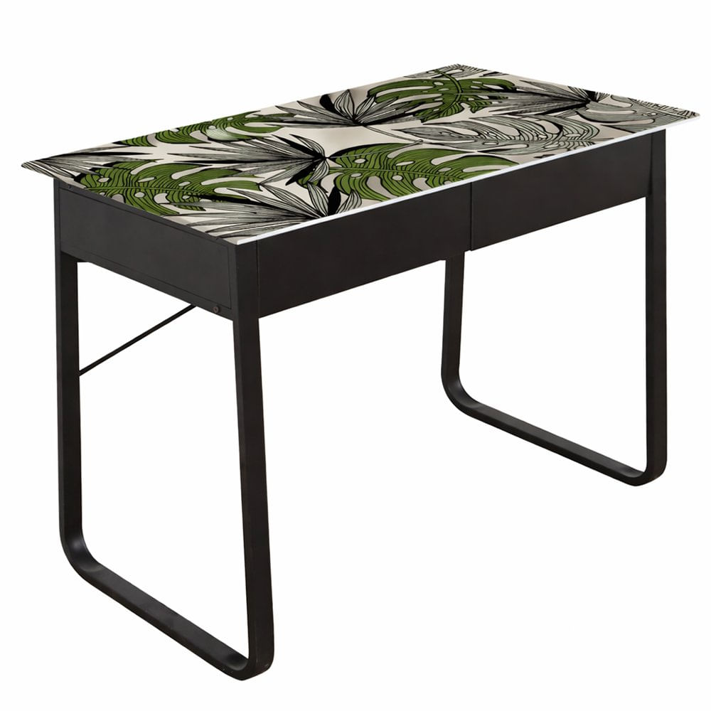 Escritorio con Diseño de Hojas y 2 Gavetas Color Negro y Verde de 100 x 50 x 75 cm