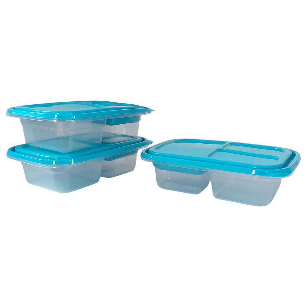 Set de 3 Contenedores Bento Box con 3 Divisiones Color Azul