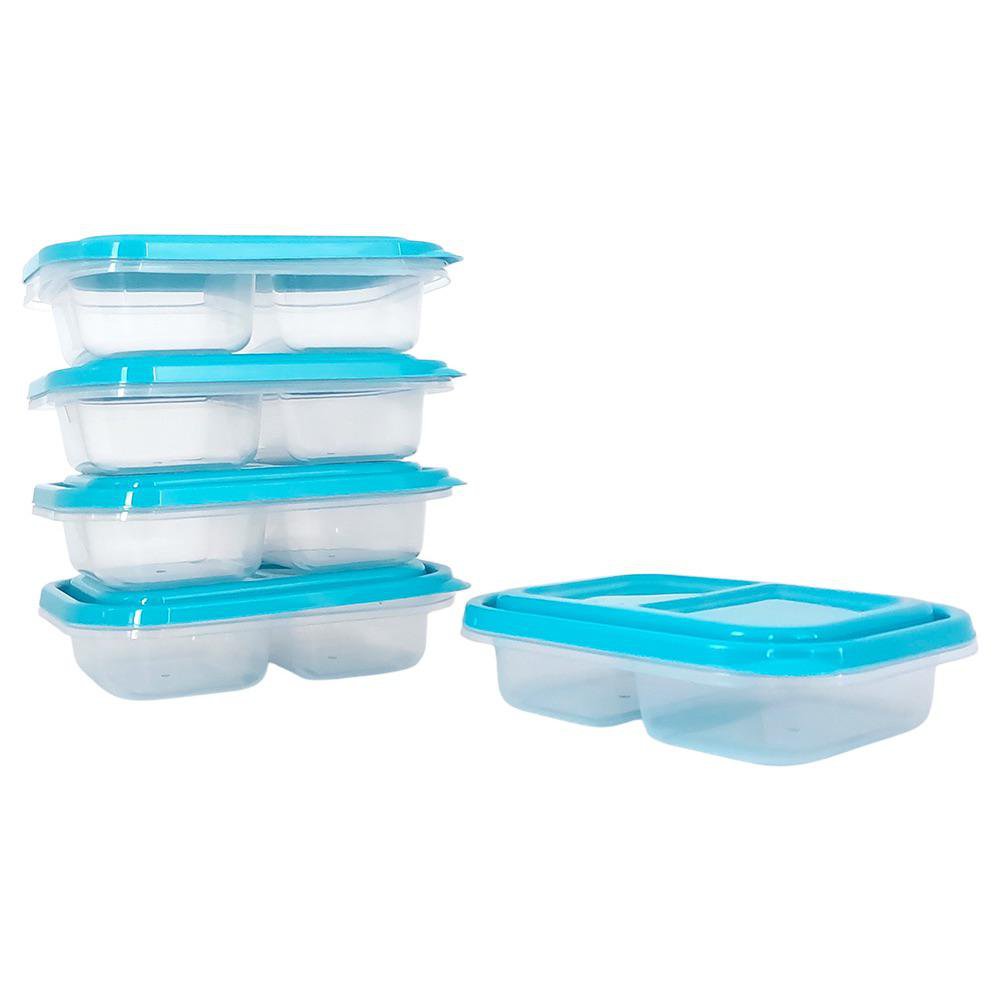 Set de 5 Contenedores Antiderrame con 2 Divisiones Color Celeste