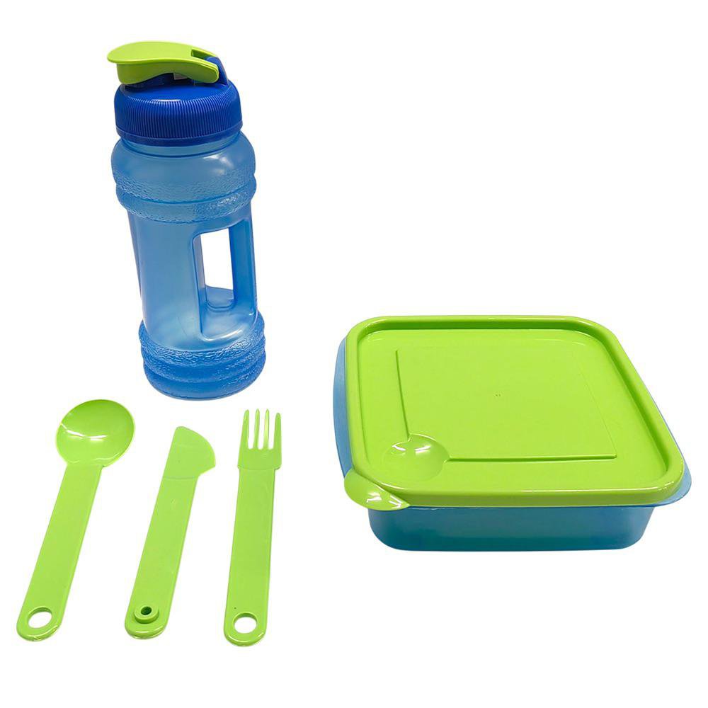 Set de Plato Cuadrado de 3.5 Tazas con Cubiertos y Pachón Color Verde y Azul