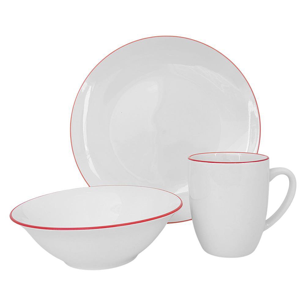 Set de Vajilla de 12 Piezas Color Blanco con Borde Rojo