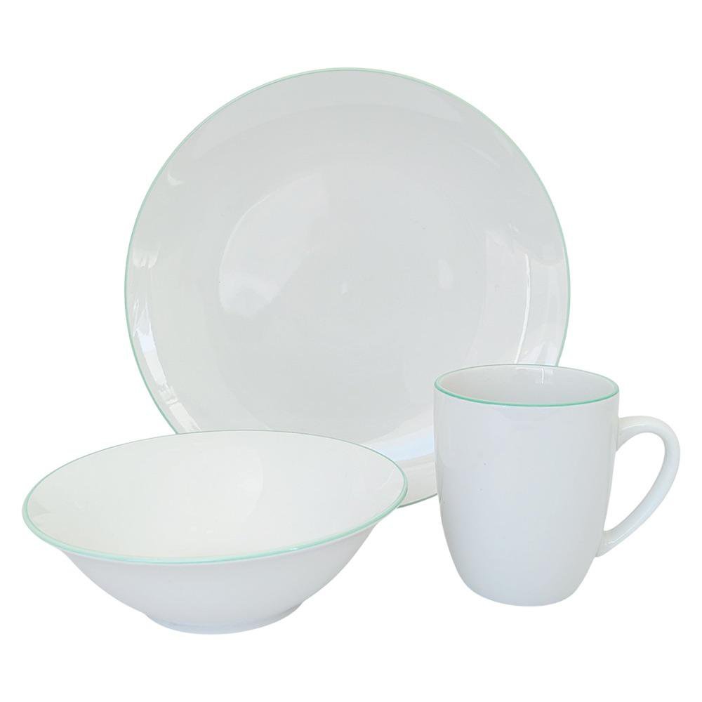 Set de Vajilla de Porcelana de 12 Piezas Color Blanco con Borde Verde