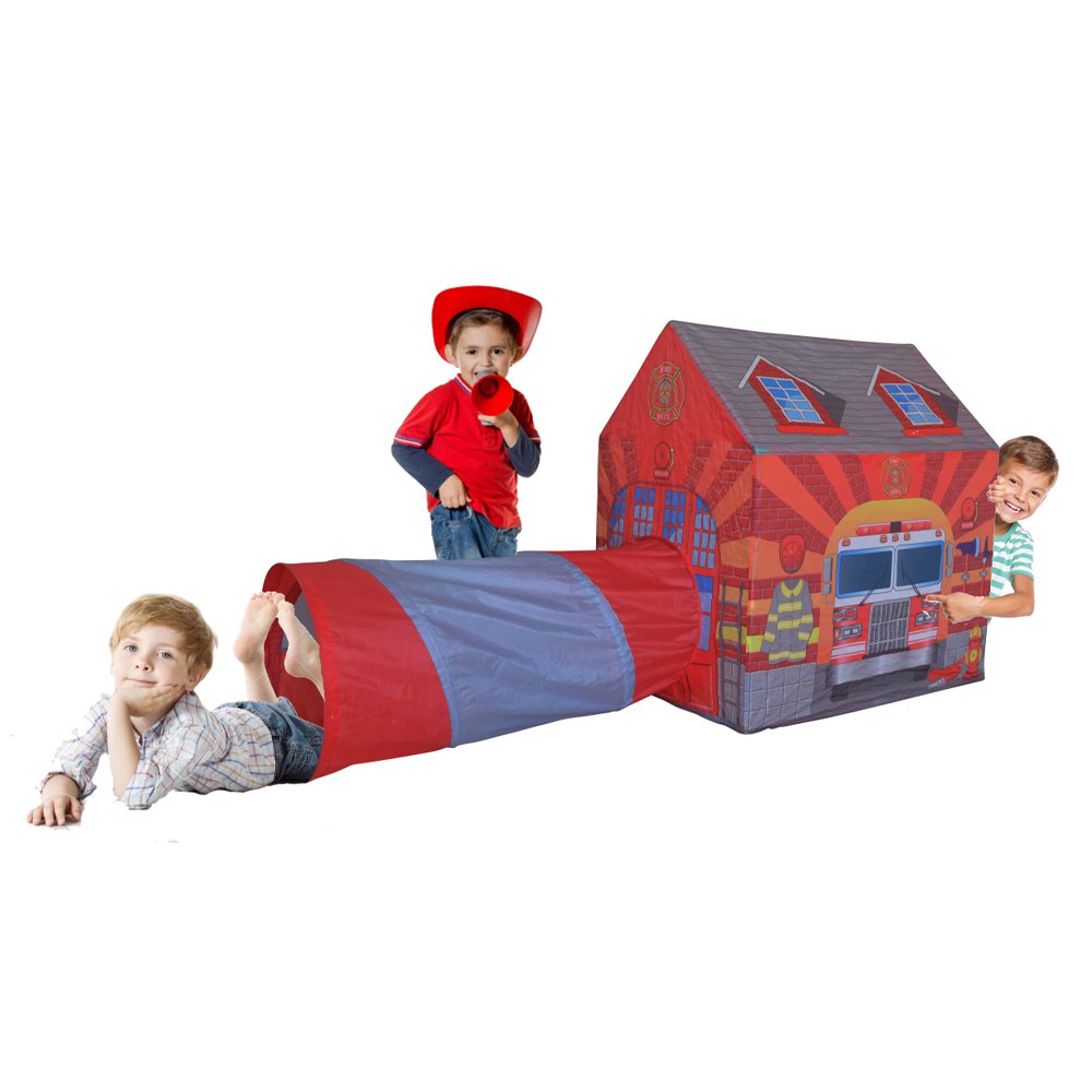 Casita de Juego Infantil con Túnel Diseño Estación de Bomberos de Poliéster para Interior