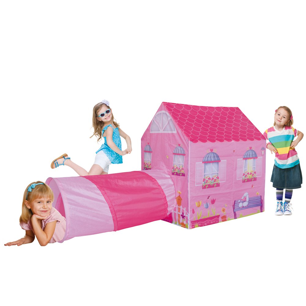 Casita de Juego Infantil con Túnel Diseño Casa de Chicas Rosada de Poliéster para Interior…