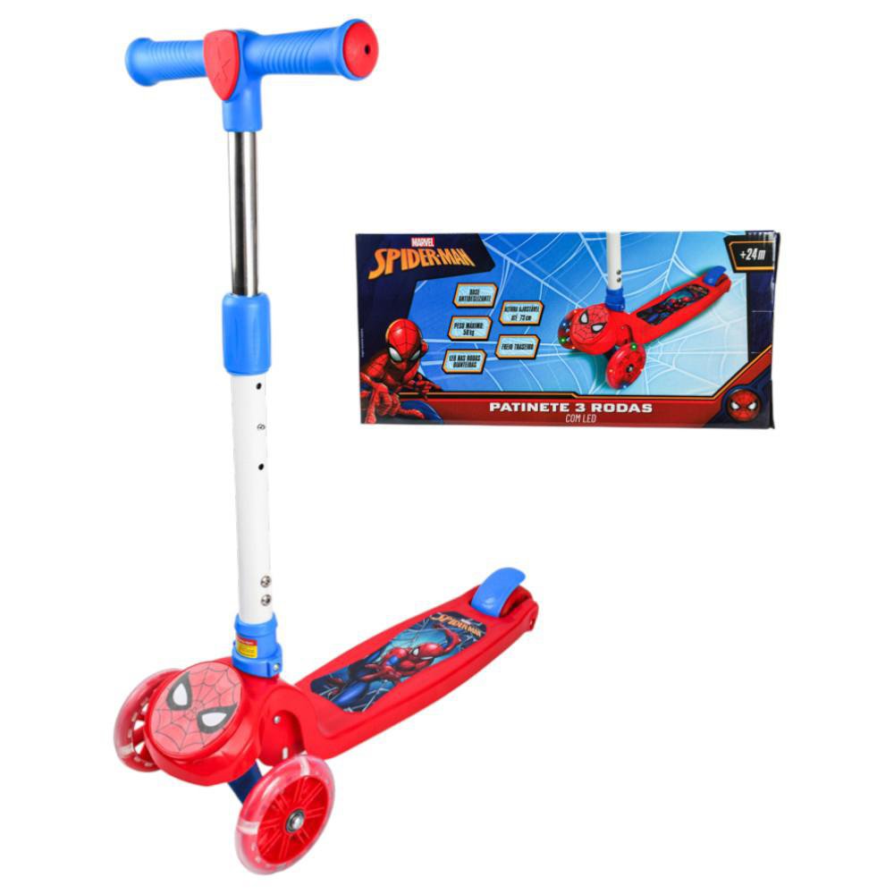 Monopatín de 3 Ruedas con Luces Diseño de Spider-Man para Niño Color Azul y Rojo Monopatín Infantil de 3 Ruedas con Luz LED Diseño Spiderman