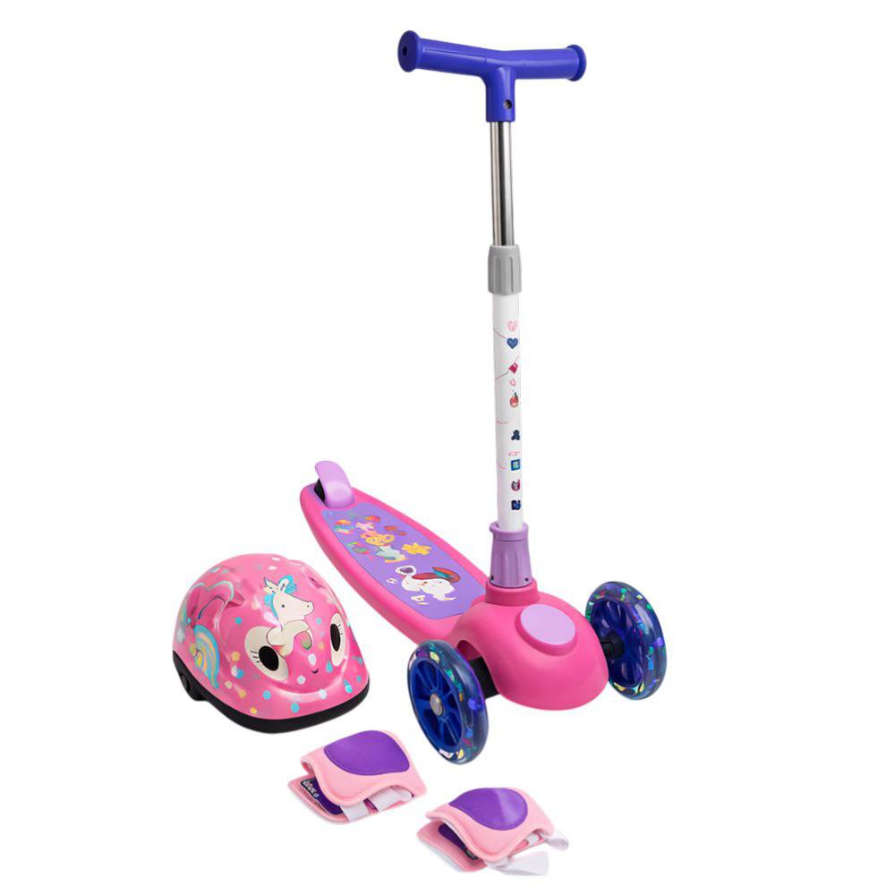 Set de Monopatín de 3 Ruedas y Protección para Niña con Casco y Accesorios Color Rosado Tri Scooter Infantil con Casco y Rodilleras de Protección Color Rosado