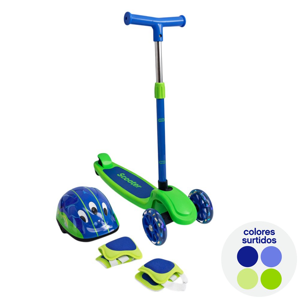 Set de Monopatín de 3 Ruedas y Protección para Niño con Casco y Accesorios Color Azul Tri Scooter Infantil con Casco y Rodilleras de Protección Colores Surtidos