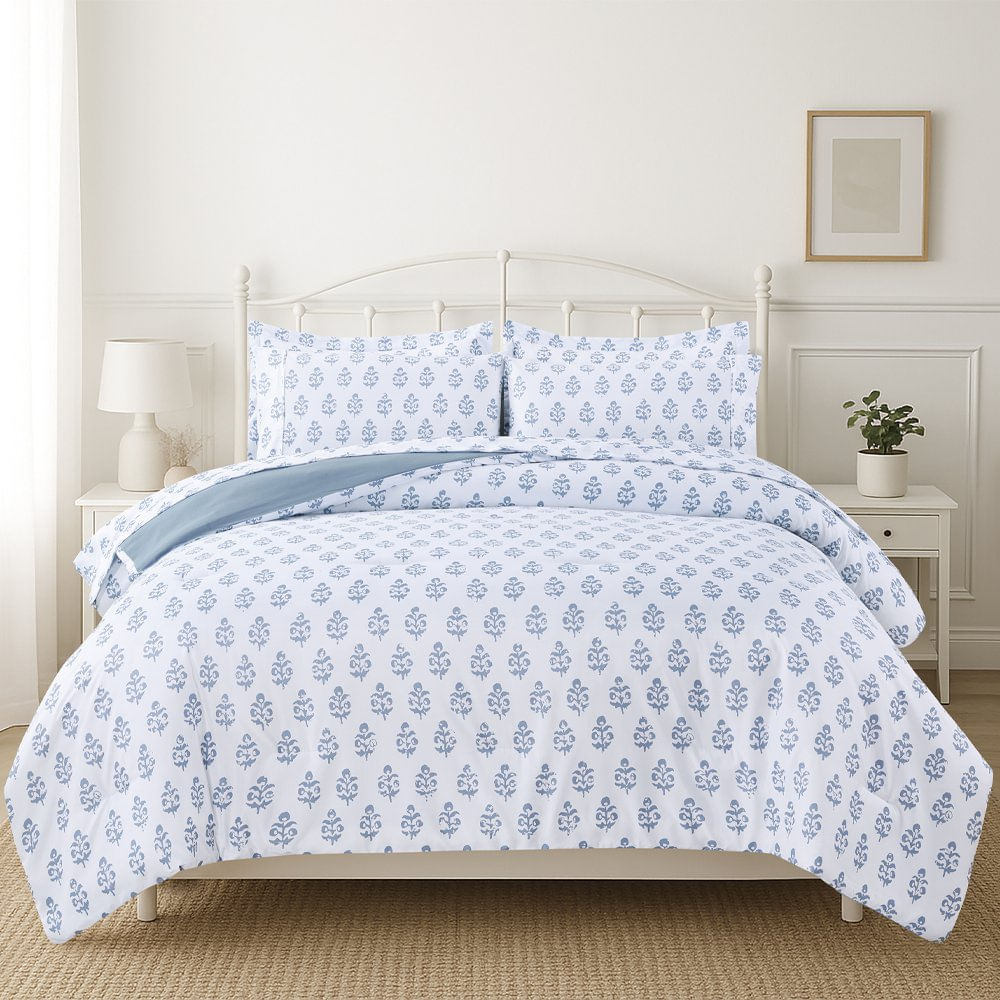 Set Edredón de 7 Piezas Tamaño King con Fundas y Sábanas Color Azul