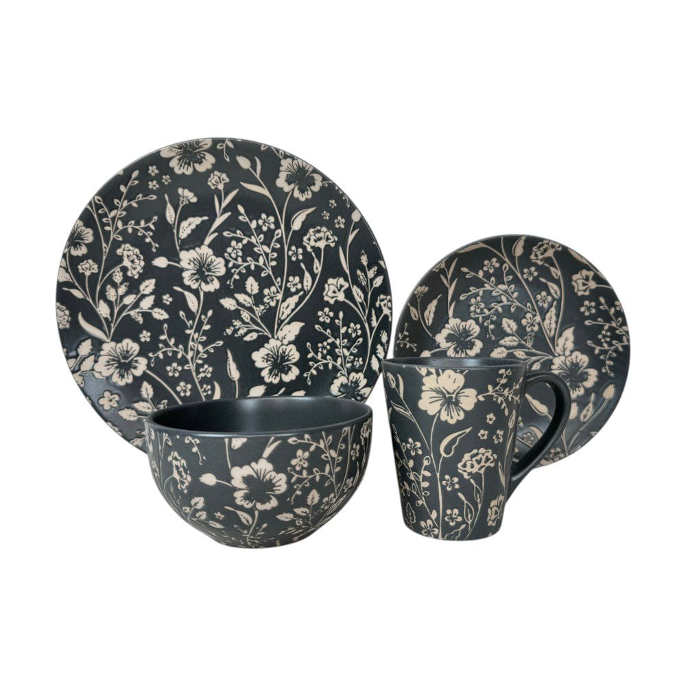 Set de Vajilla Camelia de 16 Piezas Diseño Floral Color Negro