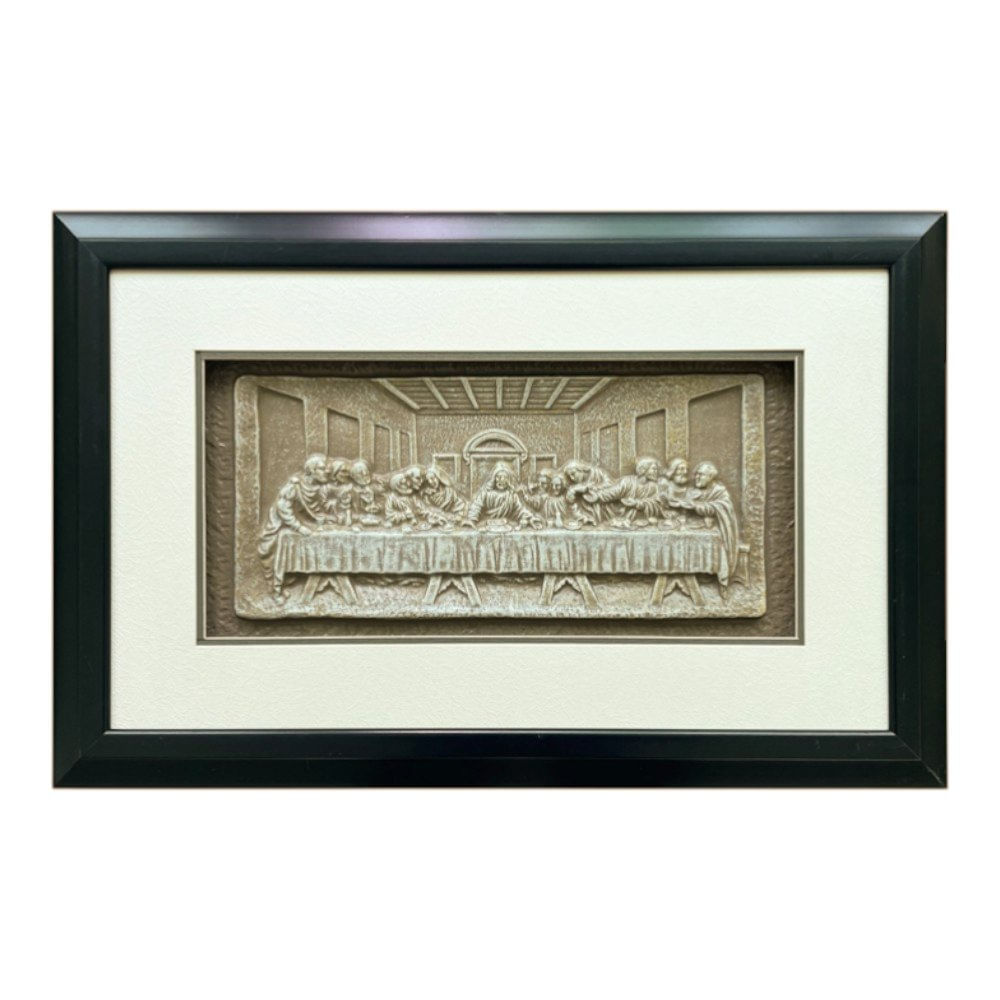 Cuadro Santa Cena Estilo Yeso con Vidrio para Sala y Dormitorio Marco Negro de 35x55 Cm