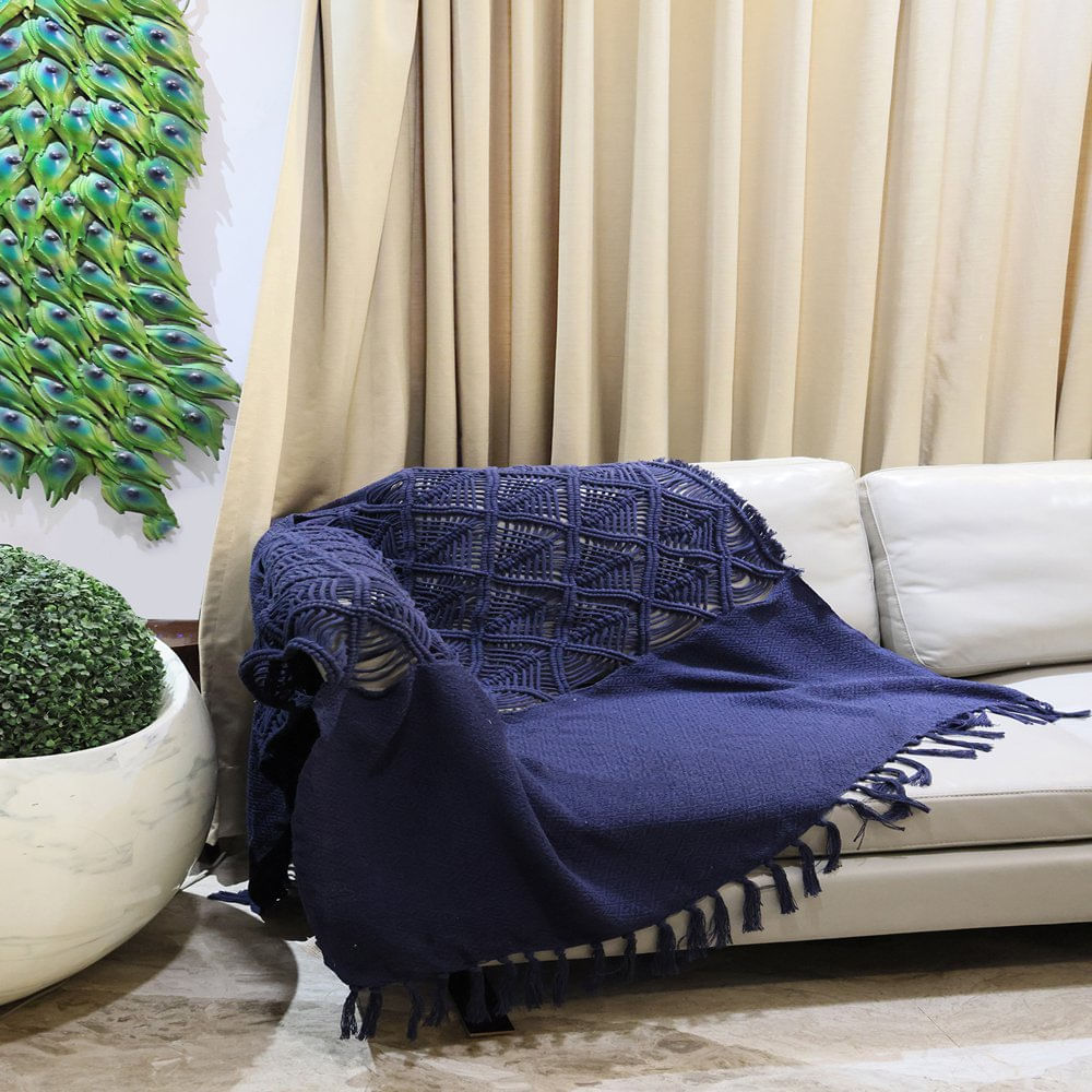 Throw Decorativo Boho con Flecos de Macramé Color Azul 127 x 150 Cm