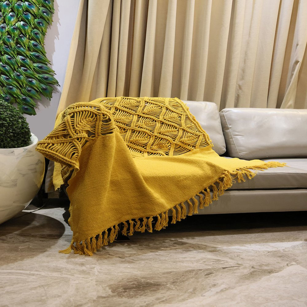 Throw Decorativo Boho con Flecos de Macramé Color Mostaza 127 x 150 Cm