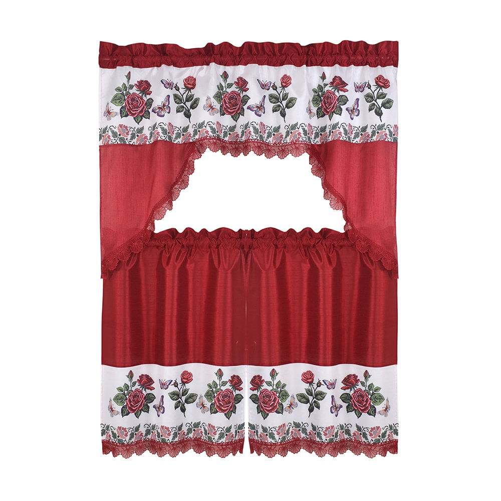 Cortina para Cocina 3 Piezas Tela Color Rojo Diseño Rosas y Mariposas