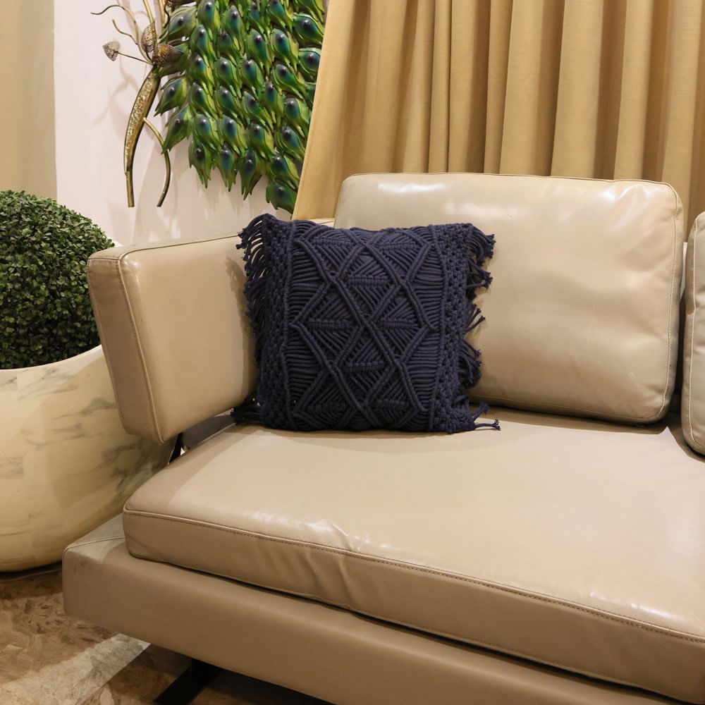Cojín Decorativo Estilo Boho con Flecos de Macramé Color Azul 40 x 40 Cm