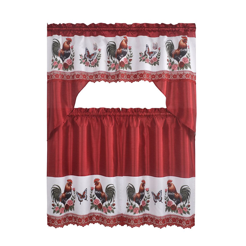 Cortinas para Cocina 3 Piezas con Estampado de Gallinas Color Rojo Cortina para Cocina 3 P…