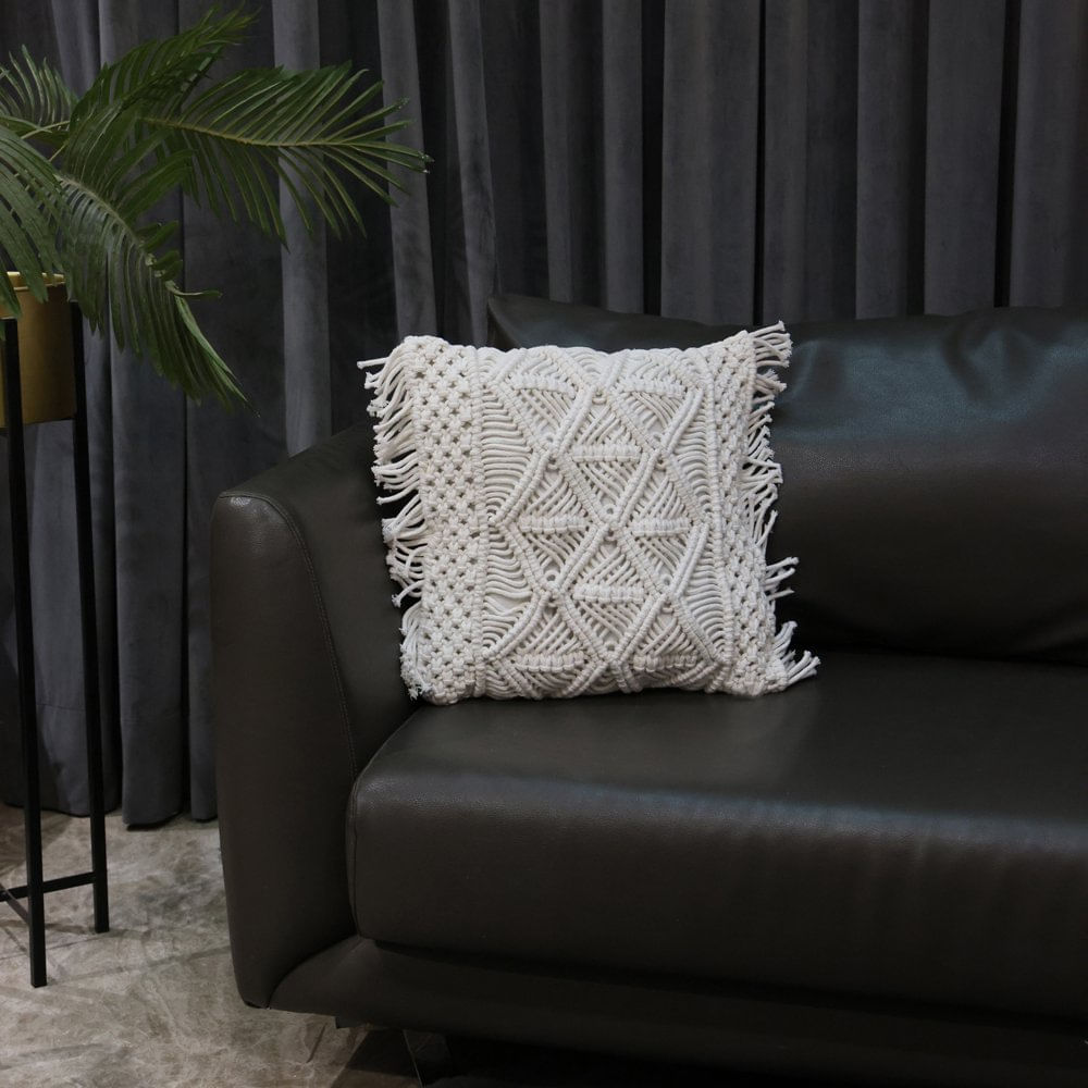 Cojín Decorativo Estilo Boho de Macramé Color Blanco 40 x 40 Cm