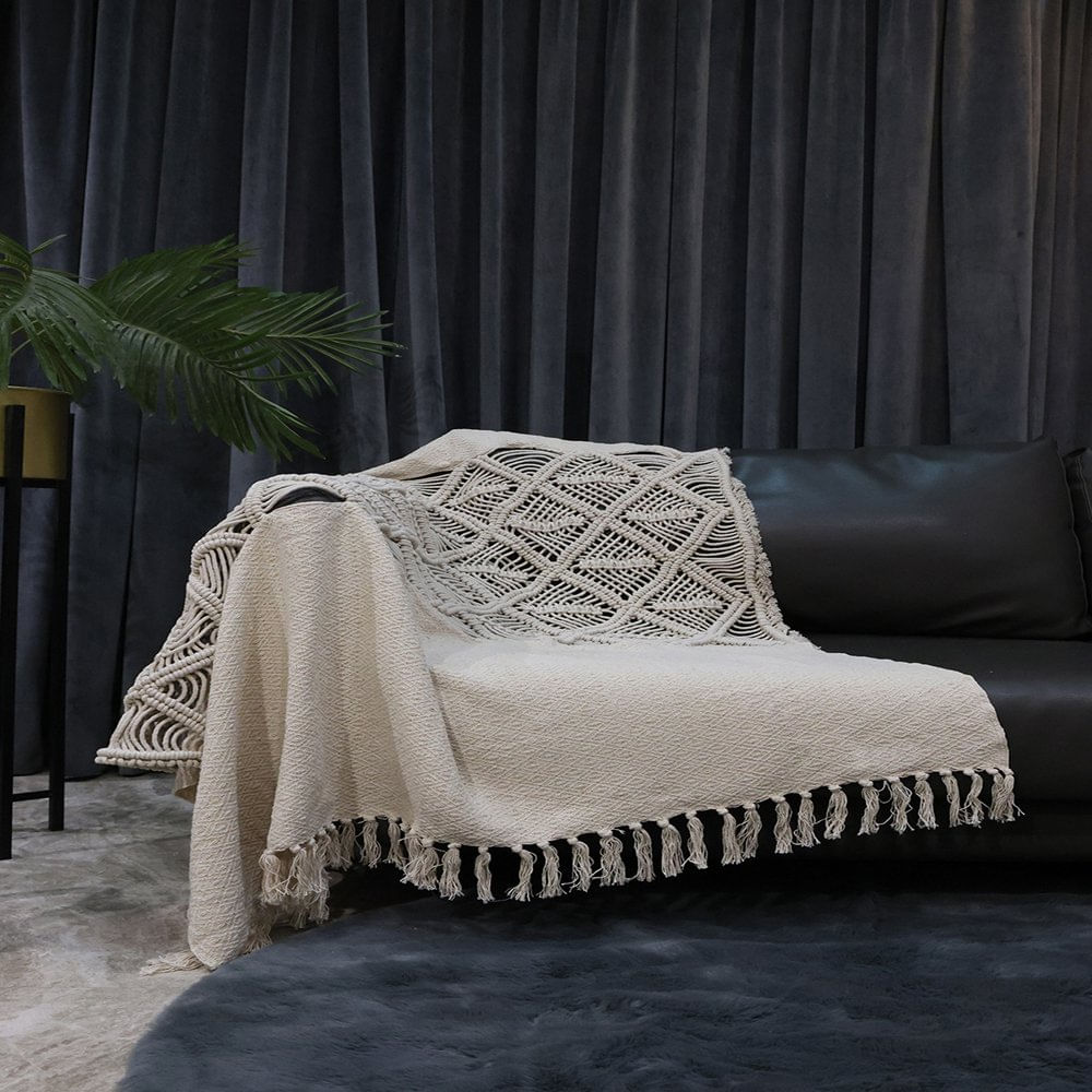 Throw Decorativo Boho con Flecos de Macramé Color Ivory 127 x 150 Cm