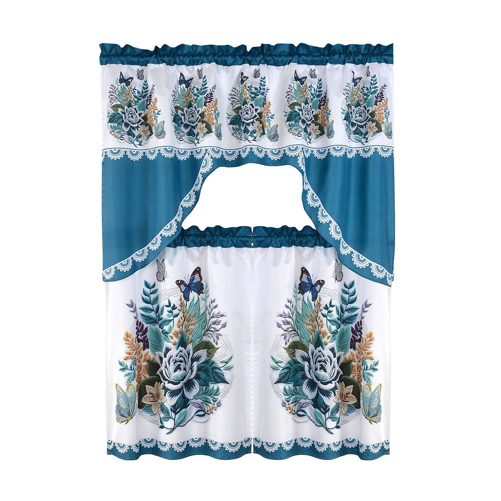 Cortina para Cocina 3 Piezas Tela Color Azul Diseño Floral